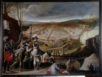 Obóz króla Henryka IV (1553-1610) podczas oblężenia miasta Jest to z pewnością siedziba miasta Amiens w 1597 roku. Malarstwo anonimowe. Słońce 0,39x0,53 m²