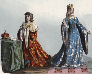 Król Anglii Henryk VI i jego królowa Małżonka Małgorzata Anjou - Henryk VI Anglii (1421 - 1471) i Małgorzata Anjou (1429 - 1482) - grawerowanie z „” Zwyczaje i zwyczaje wszystkich narodów wszechświata. To jest historia rządu, praw, milicji