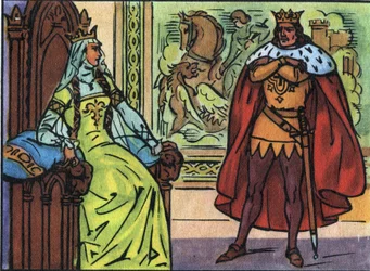 Król Francji Ludwik X Hutin (1289-1316) z Margaritą Burgundii (1290-1315). Anonimowa ilustracja w „”Kolekcji suwerenów i głów państw Francji””. XX wiek. Prywatna kolekcja.