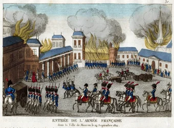 Zdobycie Moskwy przez wojska Napoleona I 14 września 1812 r. - Wielka Armia wkracza do Moskwy - Anonim - 1812 - Akwaforta, akwarela - 23,4x28,6 - Kolekcja prywatna