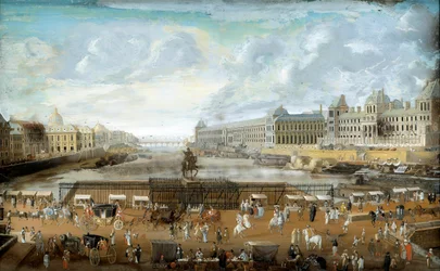 Pont Neuf widziany od wejścia na Place Dauphine, Quai Malaquais z Collège des Quatre-Nations oraz Grande Galerie i Luwr. 1669. Paryż, Musée Carnavalet