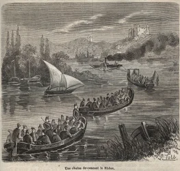 Więzienie Toulon - łańcuch schodzący w dół Rodanu - Grawerowanie w „Historii więzień od ich powstania do dnia dzisiejszego” (1877) autorstwa Pierre