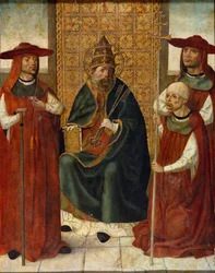 „Kardynał Pedro Gonzalez de Mendoza modlący się u boku św. Piotra” (kardynał Pedro Gonzalez de Mendoza (1428-1495) modlący się przed św. Piotrem) Malarstwo anonimowe 1490-1495 Museo del Prado, Madryt