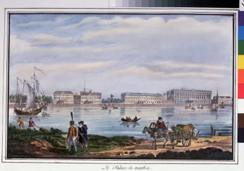 Pałac Marmurowy i Nabrzeże Newy w Sankt Petersburgu. Anonimowa litografia, kolorowana akwarelą, 22 x 32 cm