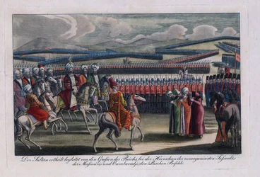 „„Osmański sułtan Selim III (1761-1808) przegląda swoją nową piechotę”” Anonimowy grawer 1806 Kolekcja prywatna
