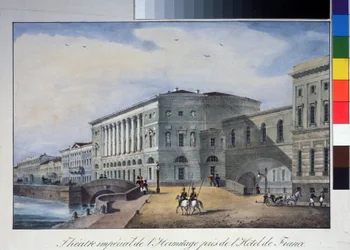 Teatr Ermitaż w Sankt Petersburgu. Anonimowa litografia, kolorowana akwarelą, ok. 1840 r. Muzeum Pamięci A. Puszkina, Sankt Petersburg.