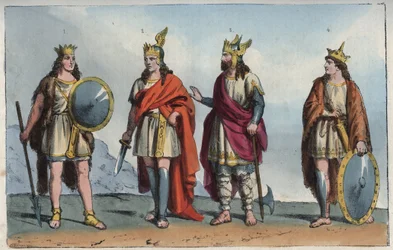 Merowingowie - dynastia Merowingów - Faramund lub Pharamond - Chlodion (Clodius, Clodion, Cloio lub Chlogio), Chlodion Długowłosy (ok. 390-ok. 450) - Merowiusz (Mérovée lub Merowig, ok. 412-457) i Chlodwig (ok. 466-511) - rycina z „Usi e Costumi di”