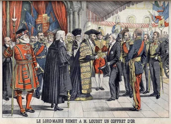 Londyn, Wielka Brytania. Sir Marcus Samuel wręcza prezydentowi Emile Loubetowi złote pudełko po przyjęciu w Guildhall. Le petit Journal, lipiec 1903.