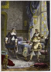 Ludwik XIV odwołuje Nicolasa Fouquet - Ludwik XIV odwołuje Nadinspektora Finansów, Nicolas Fouquet - rycina z ""L