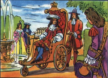 Ludwik XIV ma promenadę, król Francji Ludwik XIV (1638-1715), siedzący na wózku inwalidzkim, spacerujący po parku wersalskim. Anonimowa ilustracja w „Collection des souverains et chefs d