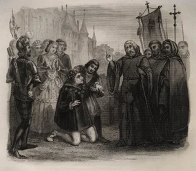 Ludwik XI (1423-1483) prosząc o swoją partyjkę u Franciszka de Paule (1416-1507) Rycina z 1846 r. w „Żywotach świętych””. Prywatna kolekcja.
