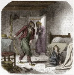 Ludwik XVII (1785-1795) w świątyni, ze swoim geolierem szewcem Antoine Simon - Grawerowanie w „Histoire des Girondins” Alphonse de Lamartine (1790-1869) 1865-1866 - Zbiory prywatne