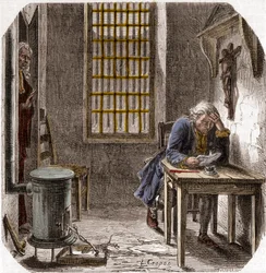 Ludwik XVI (1754-93) Czytanie swojej ostatniej woli i testamentu w świątyni 1792 - Ludwik XVI czytający swoją wolę w wieży świątyni w dniu 25 grudnia 1792 - Grawerowanie w „Histoire des Girondins” Alphonse de Lamartine (1790-1869) 1865-1866 - Zbiory prywat