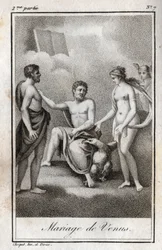 Małżeństwo między Marsem a Wenus. Rycina z 1819 r. w „Lettres a Emilie sur la mitologie” Charlesa Alberta Demoustiera (1760-1801). Prywatna kolekcja.