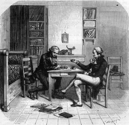 Maximilien de Robespierre 1758-1794, polityk francuski, członek Komitetu Bezpieczeństwa Publicznego z Maurice Duplay w swoim pokoju - Chambre de Maximilien de Robespierre chez Maurice Duplay (1736-1820) rue Saint-Honore a Paris - Grawerowanie w „Histoire d
