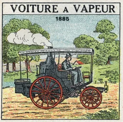 Trakcja mechaniczna: wagon parowy markiza Alberta de Dion (1856-1946) z 1885 r. Anonimowa ilustracja z 1925 r. Ze zbiorów prywatnych.