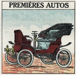 Trakcja mechaniczna: pierwsze samochody benzynowe wynalezione w 1895 roku przez Panharda i Levassora. Anonimowa ilustracja z 1925 r. Ze zbiorów prywatnych.