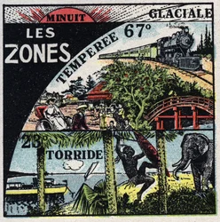 Meteorologia: rozkład ciepła na ziemi iw różnych klimatach (strefy gorące, umiarkowane, polarne). Ilustracja anonimowa z 1925 r. Kolekcja prywatna.
