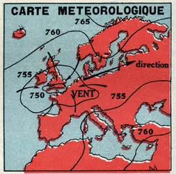 Meteorologia: mapa meteorologiczna. Anonimowa ilustracja z 1925 r. Ze zbiorów prywatnych.
