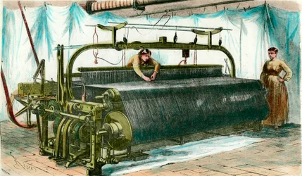 Metier do tkania mechanicznego w dużej fabryce. Grawer około 1860 roku.