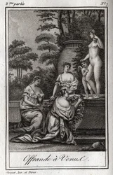 Oferta dla Wenus. Małe miłości (aniołki) zbierają się, aby oddać hołd bogini Afrodycie. Rycina z 1819 r. w „Lettres a Emilie sur la mitologie” Charlesa Alberta Demoustiera (1760-1801). Prywatna kolekcja.