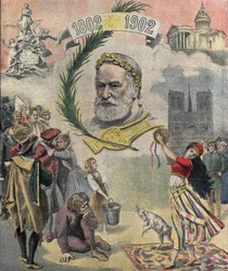 Jeden z „Le petit journal” oddający hołd francuskiemu poecie i pisarzowi Victorowi Hugo (1802-1885) w stulecie jego urodzin. Przedstawiono bohaterów jego powieści (Esmeralda, Quasimodo, Cosette). 02.03.1902 Kolekcja prywatna