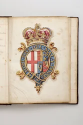 Order Podwiązki: Księga Statutów należąca do Charlesa Fitzroya, księcia Grafton - Królewskie herby Hanowerów od 1714 do 1801 r. (rękopis akwarelowy, pocz. XVIII w.)