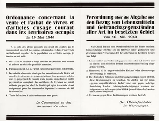 „Rozporządzenie w sprawie sprzedaży i zakupu żywności oraz artykułów powszechnego użytku na terytoriach okupowanych” – plakat dwujęzyczny francusko-niemiecki
