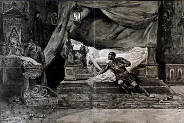 Otello zabija się przy ciele Desdemony. Ilustracja ostatniej sceny Otella, opera Giuseppe Verdi