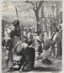 Otto I, Cesarz Rzymski przyjmuje komunię przed bitwą pod Lechfeld (955) - Cesarz niemiecki Otton I (Othon) (912-973) przyjmował komunię przed bitwą pod Lechfeld w 955 - rycina 1864