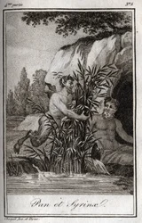 Pan i nimfa Syrinx zamieniły się w trzciny (Pan and Nymph Syrinx). Rycina z 1819 r. w „Lettres a Emilie sur la mitologie” Charlesa Alberta Demoustiera (1760-1801). Prywatna kolekcja.