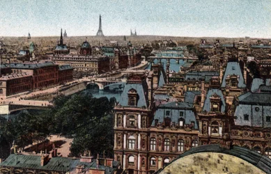 Paryż: panorama mostów Huits na Sekwanie z Wieżą Eiffla w tle. Zdjęcie z 1920 roku w „Albumie Artystycznym” miasta Paryża. Prywatna kolekcja.