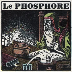 Fosforescencja: fosfor. Alchemik poszukujący kamienia filozoficznego w swoim laboratorium. Anonimowa ilustracja z 1925 r. Ze zbiorów prywatnych.