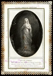 Pobożny wizerunek: „” Notre Dame de Lourdes”” Karta Dentelee. 19 wiek. Prywatna kolekcja