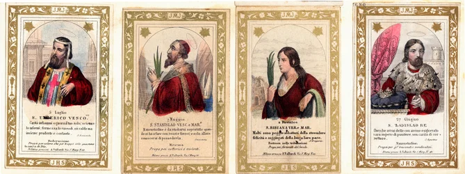 Pobożny wizerunek: "Św. Ulryk z Augsburga, św. Stanisław, św. Bibiana, św. Władysław I Węgierski" Kolekcja prywatna Karta