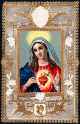 Pobożny obraz: „”Dziewica Bólu”””Mater dolorosa. Karta Dentele. Chromolitografia początek XX wieku Kolekcja prywatna