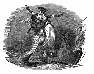 Pirat Charles Gibbs zabiera ze swojego statku holenderską dziewczynę (początek XIX wieku). Grawer „”Książka własna pirata”” 1837.