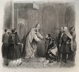 Papież św. Pius V (Pius lub Pio) (1566-1572) odbierający zwycięzcę bitwy pod Lepante. Rycina z 1846 r. w „Żywotach świętych”. Prywatna kolekcja.