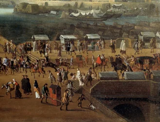 Krzesła Porter i tłum na Pont Neuf w Paryżu w XVII wieku Szczegół. Anonimowe malowanie. Paryż, Muzeum Carnavalet