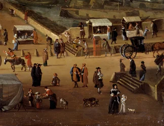 Krzesła Porter i handel na Pont Neuf w Paryżu w XVII wieku Detal. Anonimowe malowanie. Paryż, Muzeum Carnavalet