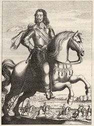 Portret Bernarda z Saksonii Weimaru (Saksonia-Weimar) (1604-1639) z przedstawieniem schwytania Jana z Werth przez księcia Bernarda i księcia Rohanu. Rycina z XVII wieku. Prywatna kolekcja.