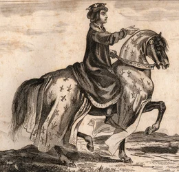 Portret Karola IV Bela (1294-1328), króla Francji. Grawer z 1859 roku w „Le Monde”. Historia wszystkich narodów od najdawniejszych czasów do współczesności”. przez ME de Lostalot-Bachoue (Lostalot Bachoue). Prywatna kolekcja.