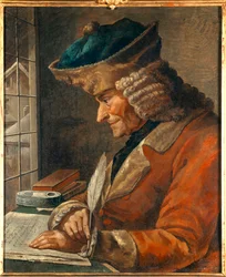 Portret Francois Marie Arouet Voltaire (1694-1778) w jego gabinecie. Obraz z XVIII wieku. Ciemny. 0,43 x 0,35 m Paryż, musee Carnavalet - Portret Francois Marie Arouet Voltaire (1694-1778) w jego gabinecie. Obraz XVIII Centrum. 0,43 x 0,35 m²