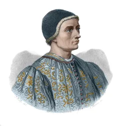 Portret Jacquesa Coeura (1395-1456) skarbnika króla Karola VII i francuskiego biznesmena w „Portretach i historii pożytecznych mężczyzn: mężczyzn i kobiet wszystkich krajów i wszystkich warunków, którzy nabyli prawa do uznania mężczyzn”