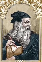 Portret Leonarda de Vinci (Leonardo da Vinci) (1452-1519). rycina z 1859 roku w „Galeriach Europy – Włochy” Armandauda (grafika)