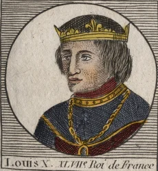 Portret Ludwika X le Hutina (1289 - 1316), króla Francji - Ludwika X (1289-1316) Upartego, króla Francji i Nawarry - rycina z „Instruction sur l’Histoire de France” Charlesa Constanta Le Tellier 1821