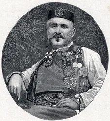 Portret Mikołaja I Petrowicia-Niegosza (Nikola I Petrović-Njegoš) (Petrović-Njegoš) (1841-1921), księcia Czarnogóry i Brdy. Rycina w „Les Missions Catholiques au XIXe Siecle” Louisa-Eugène