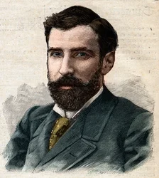 Portret Pietro Paolo Savorgnan de Brazza lub Pierre Paul Francois Camille Savorgnan de Brazza po francusku (1852-1905) Generalny Gubernator Kongo Francuskiego. Grawerowanie w "" Le Petro Parisien ""
