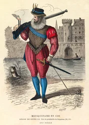 Portret muszkietera w 1586 w Paryżu (za panowania króla Henryka III), rycina, kolekcja prywatna - Muszkieter w Paryżu