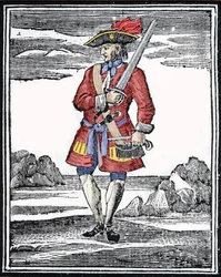 Portret pirata Jacka Rackhama, zwanego Czerwonym lub Johnem Rackhamem, lepiej znanego jako Calico Jack (? 1720). Rycina